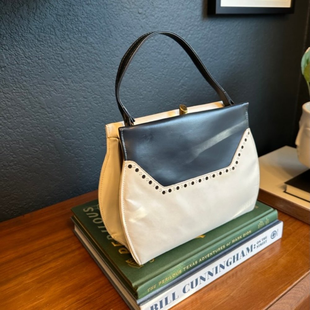 Vintage MCM Midcentury Navy and Ivory Handbag with Gold Hardware